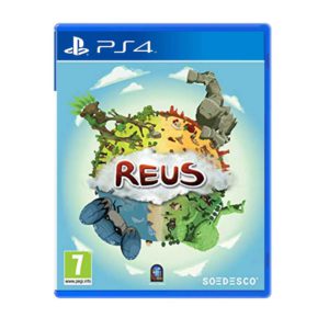 The official game cover art for Reus on PlayStation 4 featuring giant elemental beings.