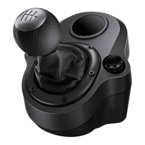 A high-quality Logitech Driving Force Shifter featuring a leather-wrapped gear knob and steel shaft.