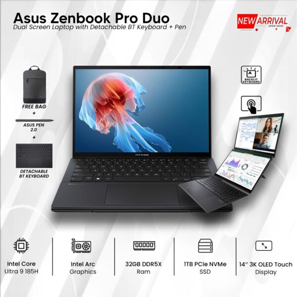 Asus ZenBook Pro DUO UX8406MA-PS99T Core Ultra 9 185H 1TB PCIEG4 32GB Ram14.5" OLED TS Win11H Laptop