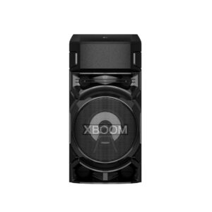 Front view of the black LG XBOOM RN5 Bluetooth speaker with LED lighting effects.