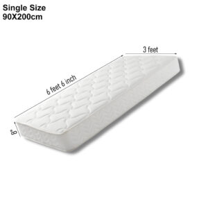 A white single full foam roll mattress measuring 90x200x20cm displayed on a bed frame.