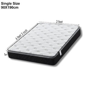 A comfortable single roll spring mattress measuring 90x190x20cm displayed in a bedroom setting.