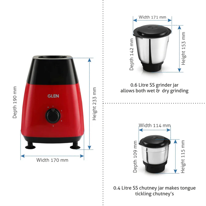Glen SA 4023 Mixer Grinder 500W 2 Jar RED - Image 3