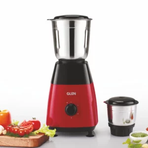 A vibrant red Glen 500W Mixer Grinder with two stainless steel jars displayed on a kitchen counter.