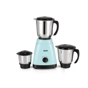 Glen 650W Mixer Grinder with three stainless steel jars on a kitchen counter