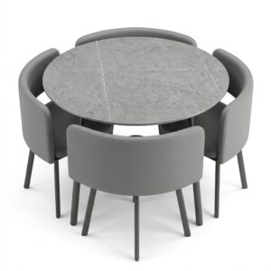 Round Marble Dinning Table Grey with 4 Chairs featuring a polished stone top and matching upholstered seating