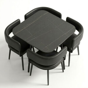 Square Marble Dinning Table Black with 4 Chairs featuring a deep black polished top and matching minimalist seating