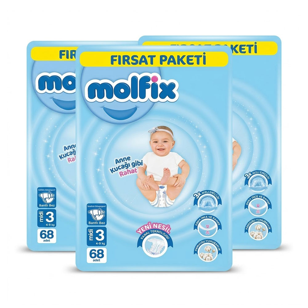 Molfix Tape Diaper 3D Midi No.3 4-9 kg 3pack (204pcs)