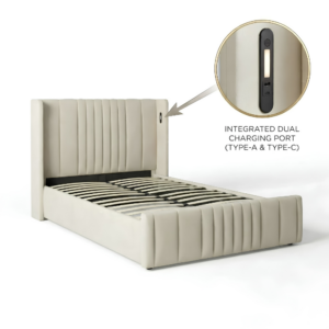 Double Size Cushion Bed with Storage and Charging Station Leather Model: 4465-1G